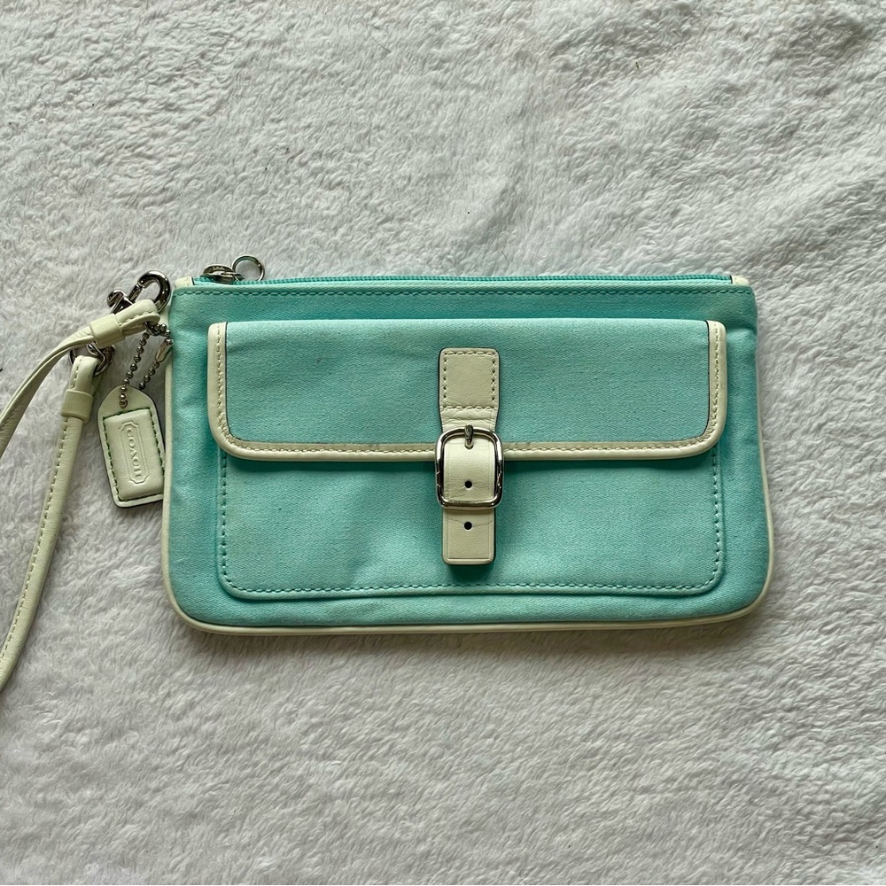 Coach Legacy Aqua Suede Wristlet with Ivory Leather Trim